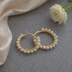 Elegant Gold and River Pearls hoops earrings